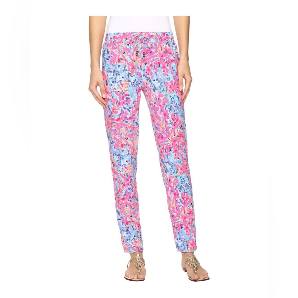 Lilly Pulitzer‎ Kelly Trousers XS Pink Blue Coral Reef Print Drawstring Pants
